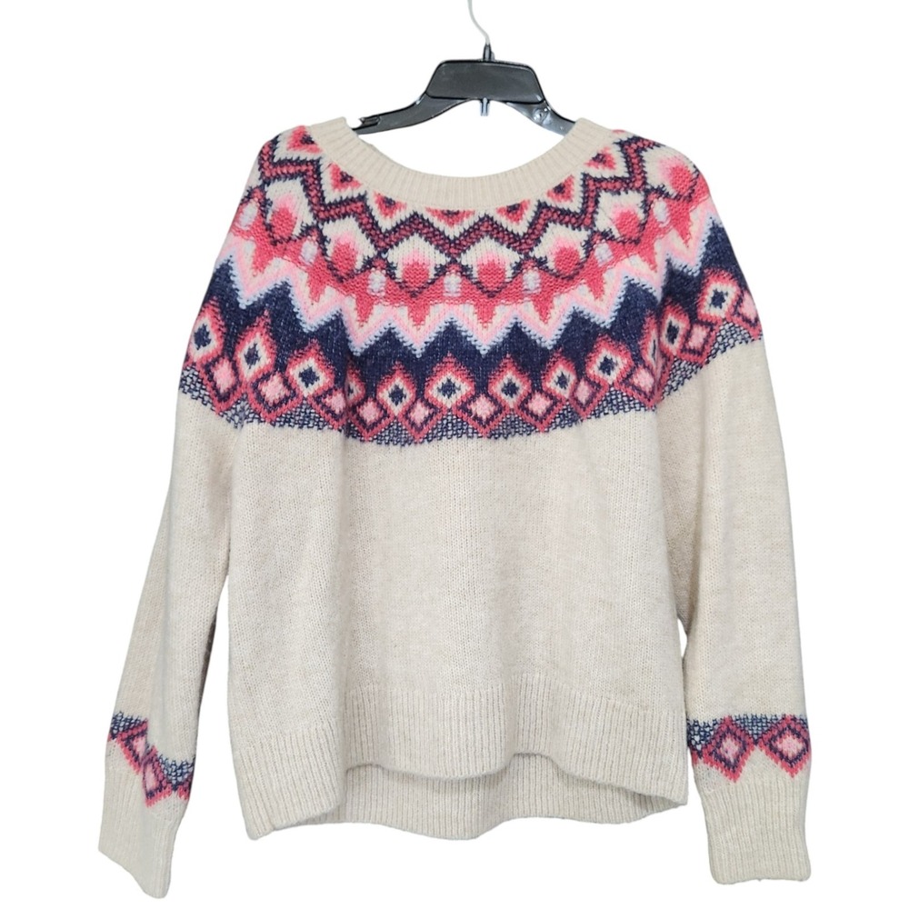 Old Navy Women's L Fair Isle Round Neck Sweater Holiday Winter Pink White